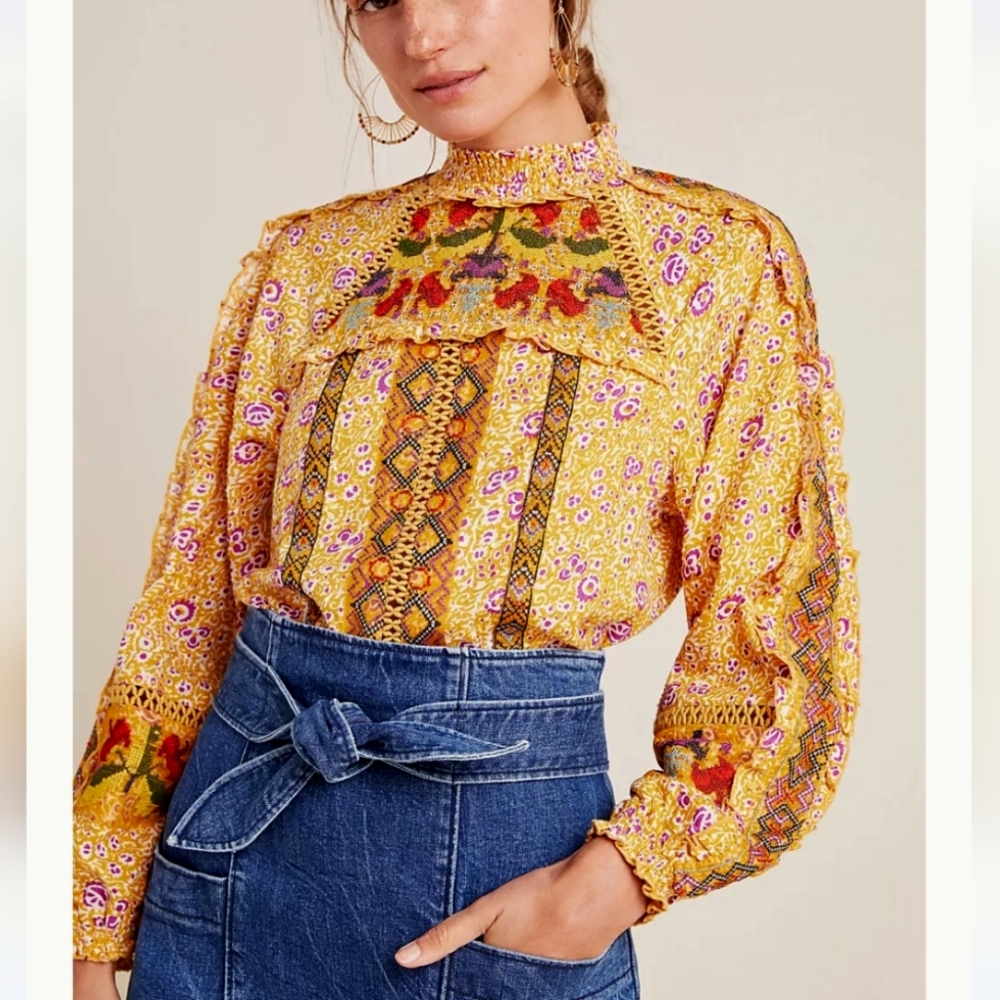 Anthropologie Maeve Goldie embroidered mock neck blouse, size 4